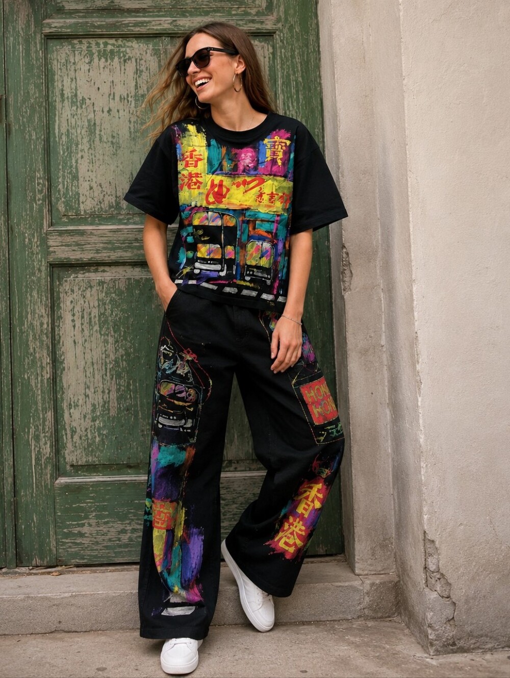 Vintage Lisa & Me Hand-Painted Hong Kong Graphic Shirt & Pants Set | Wearable Ar
